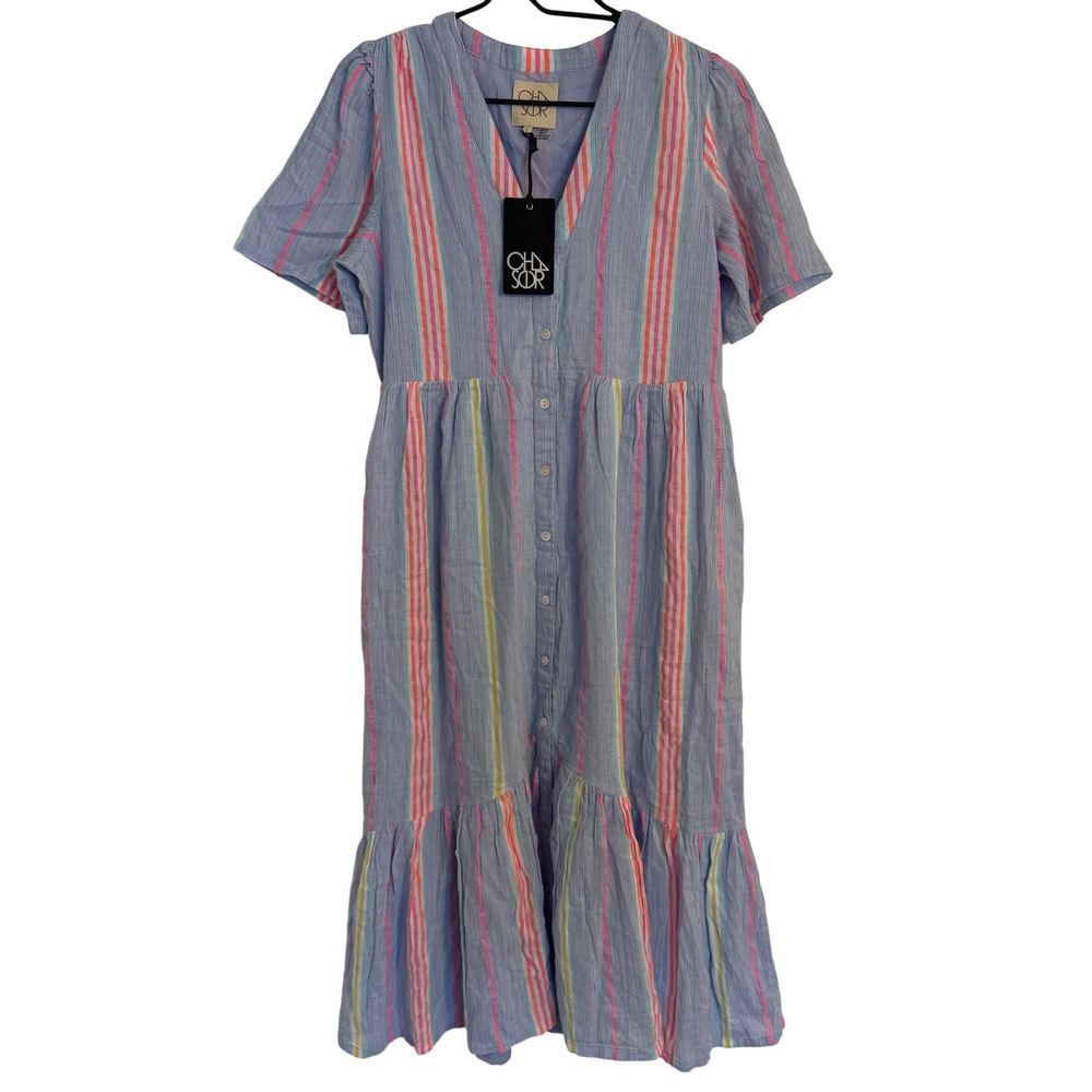 Chaser Womens Blue Striped Button Front Tiered Midi Dress V-Neck Short Sleeve S